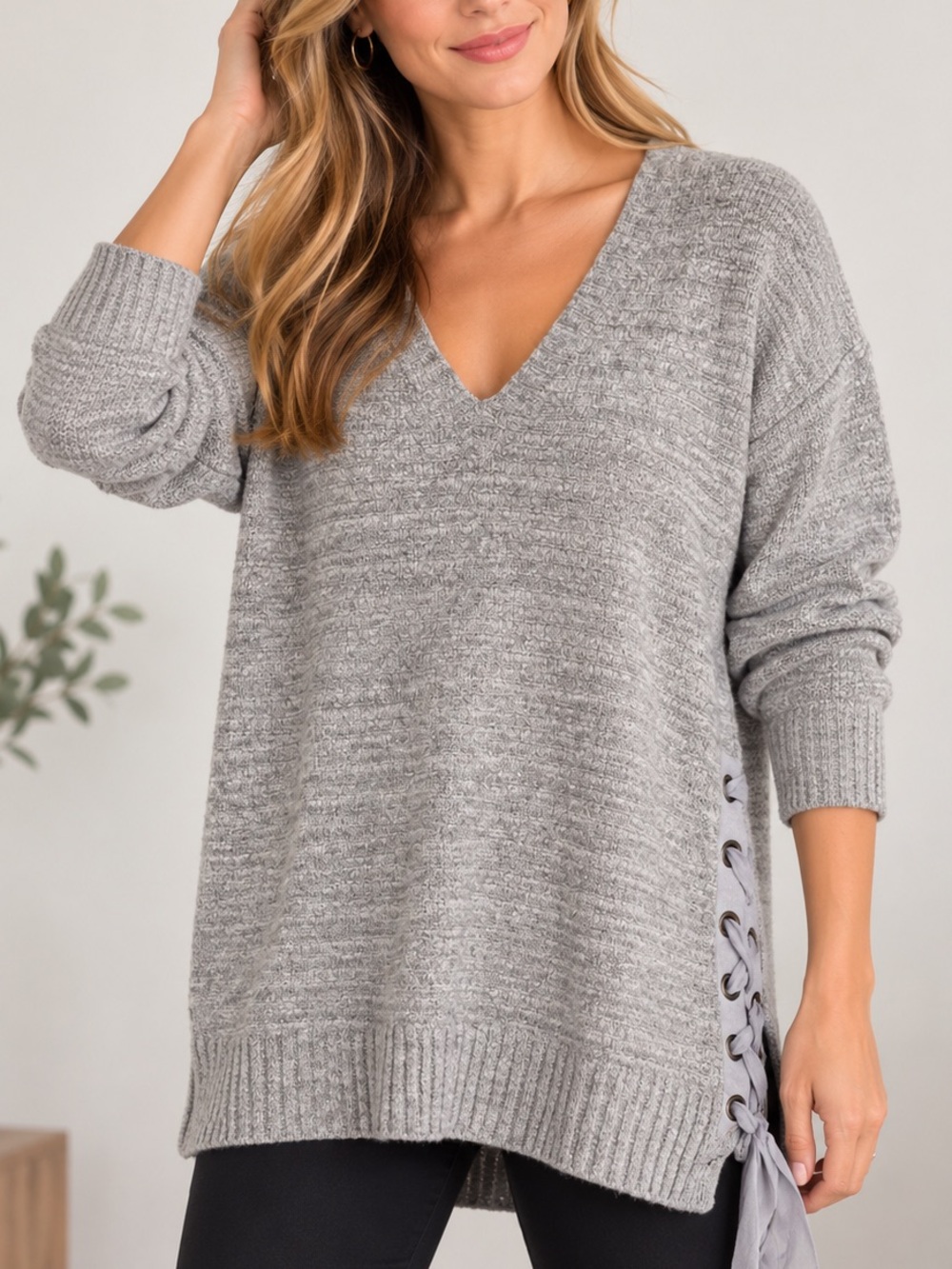Free People Gray Marled V-Neck Lace Up Side Tunic Sweater Medium